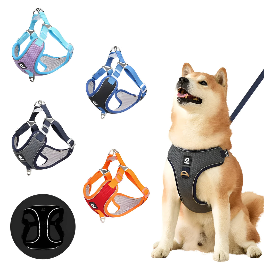 Adjustable mesh dog harness with reflective strips in multiple colour options