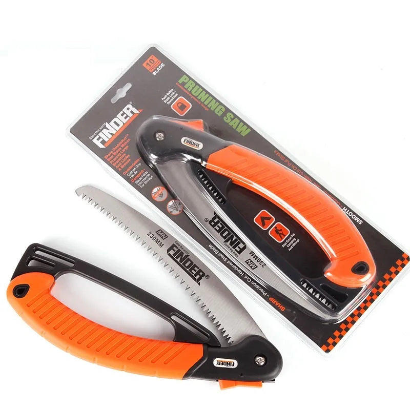 Folding garden pruning saw with a 230mm blade and black TPR grip shown open and closed.