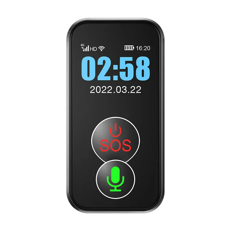 Black 4G GPS child positioning device with PC+ABS casing and display showing map interface