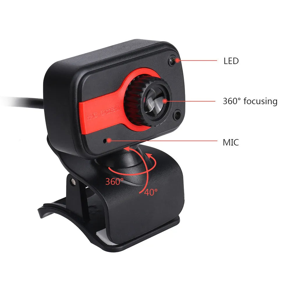 Blue mini USB webcam with a 360-degree rotating head on a desk next to a laptop.