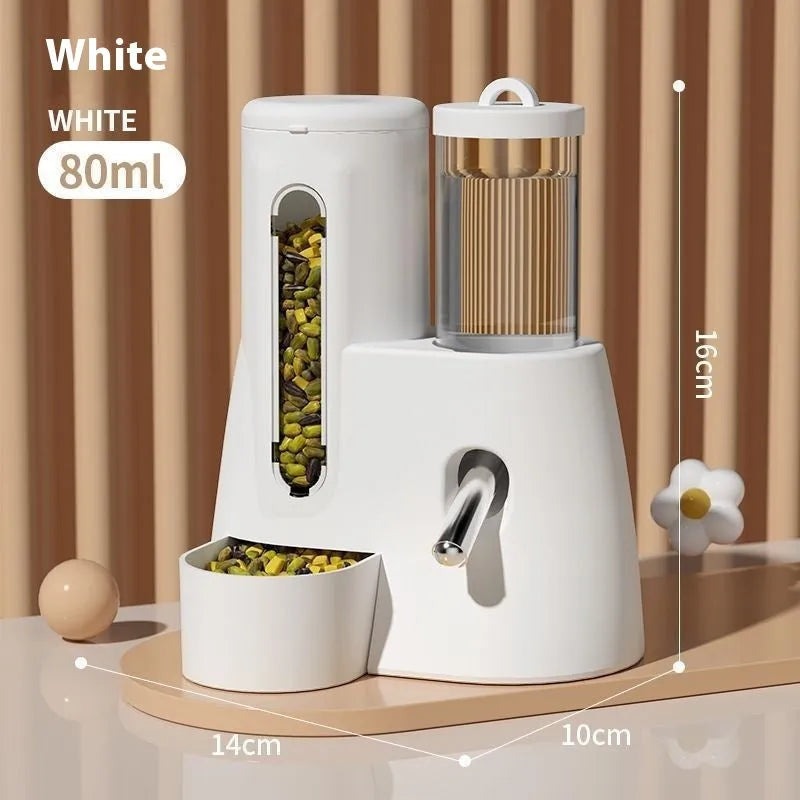 White automatic water feeder and food basin set for hamsters on a blue background.