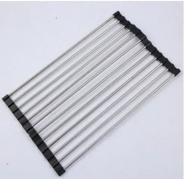 Stainless steel folding kitchen drain rack with plastic tubes in a kitchen sink