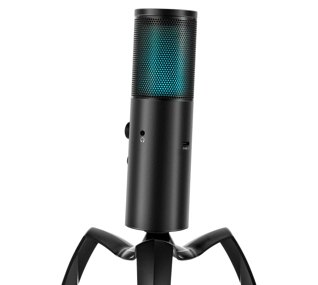 Black Q18 USB condenser microphone with tripod stand and RGB lighting effects on circular control knob