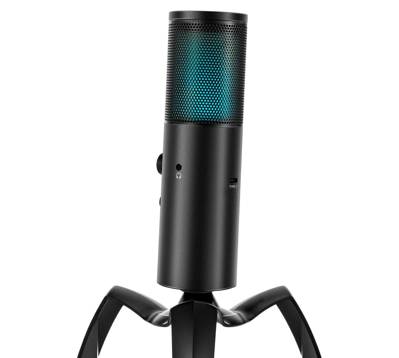 Black Q18 USB condenser microphone with tripod stand and RGB lighting effects on circular control knob