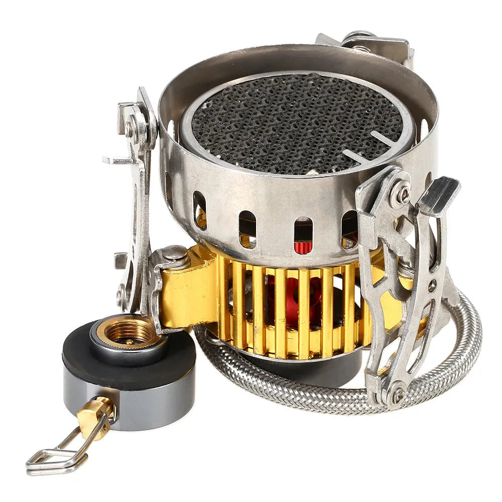 Silver portable camping stove head with windproof infrared burner and plastic storage box