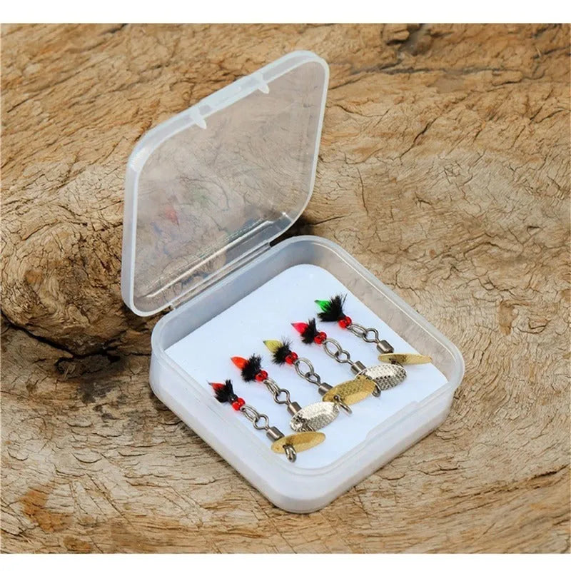 Five bionic poisonous mosquito fishing lures with spinning sequins in multicolour patterns