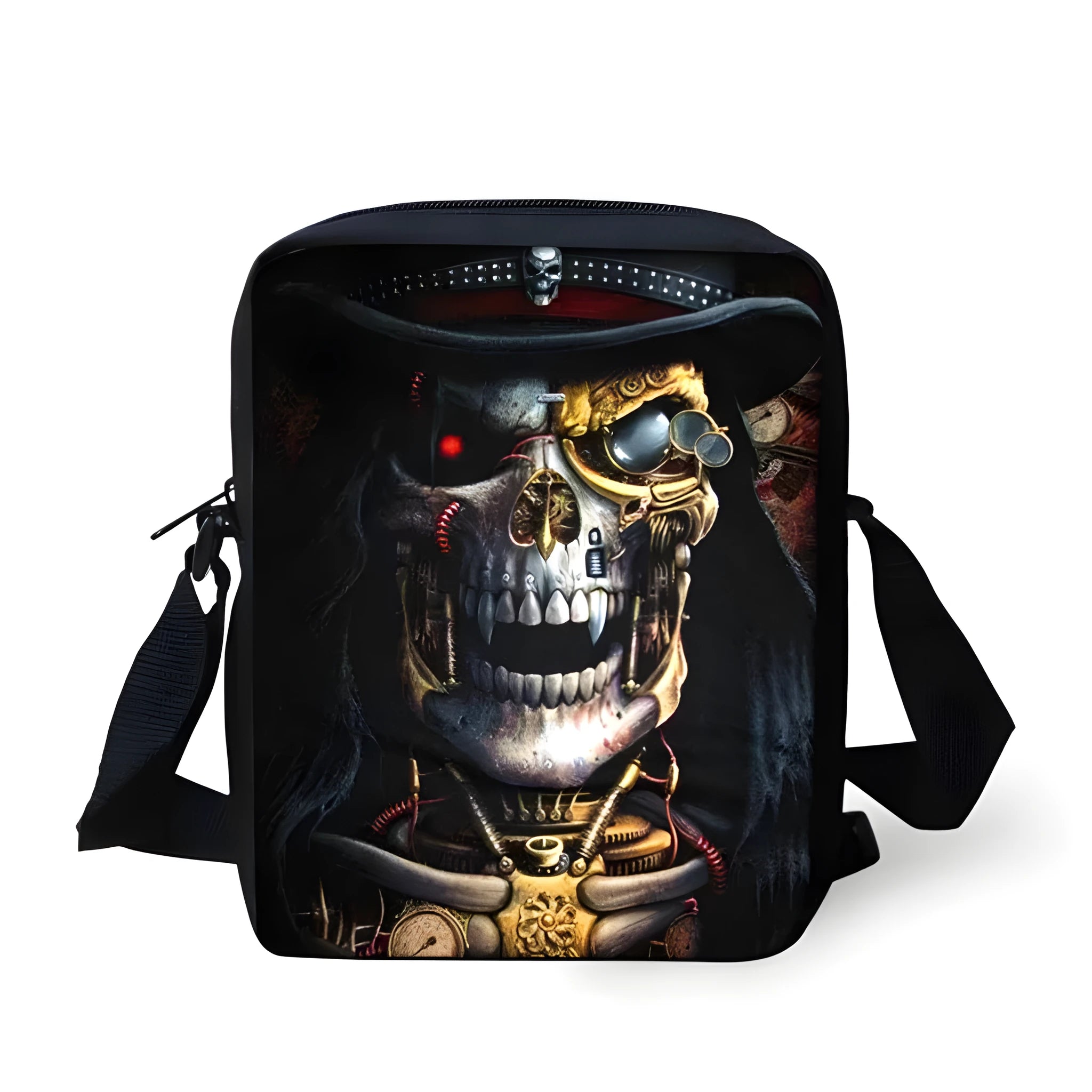 A medium-sized black children's messenger bag with a white skull print, showing the front zipper pocket and adjustable shoulder straps.