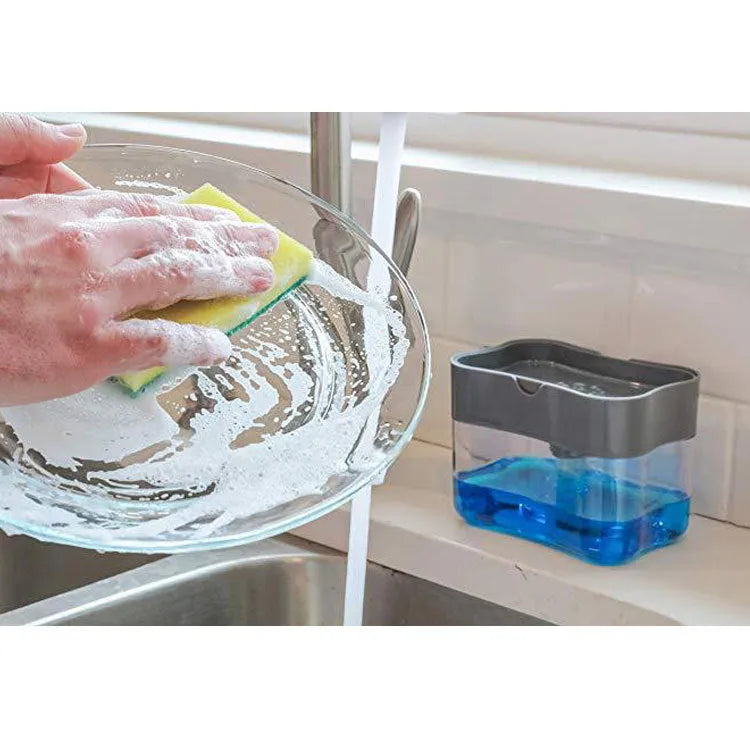 Grey plastic kitchen soap dispenser with push-action mechanism measuring 14.5cm wide