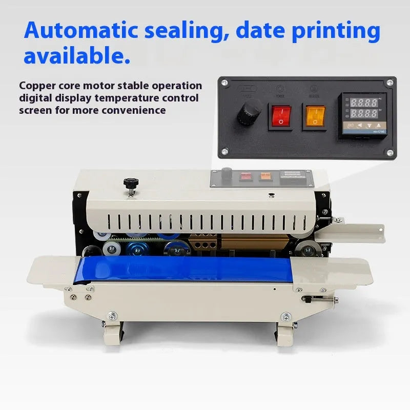 Compact steel seal manual sealing machine with adjustable date stamp for printing on bags.
