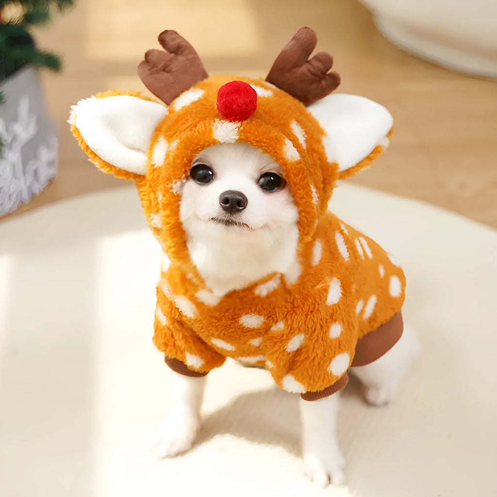Elk-themed fleece-lined red Christmas costume on a medium-sized dog