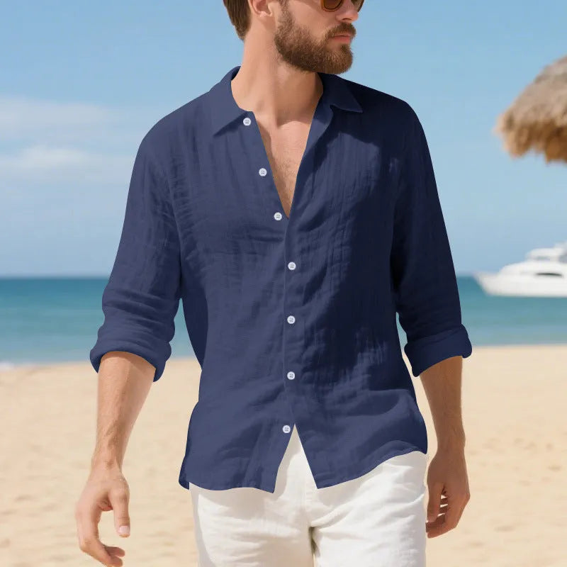 Linen casual shirt in a loose American fit on a hanger, shown in an earthy yellow colour.