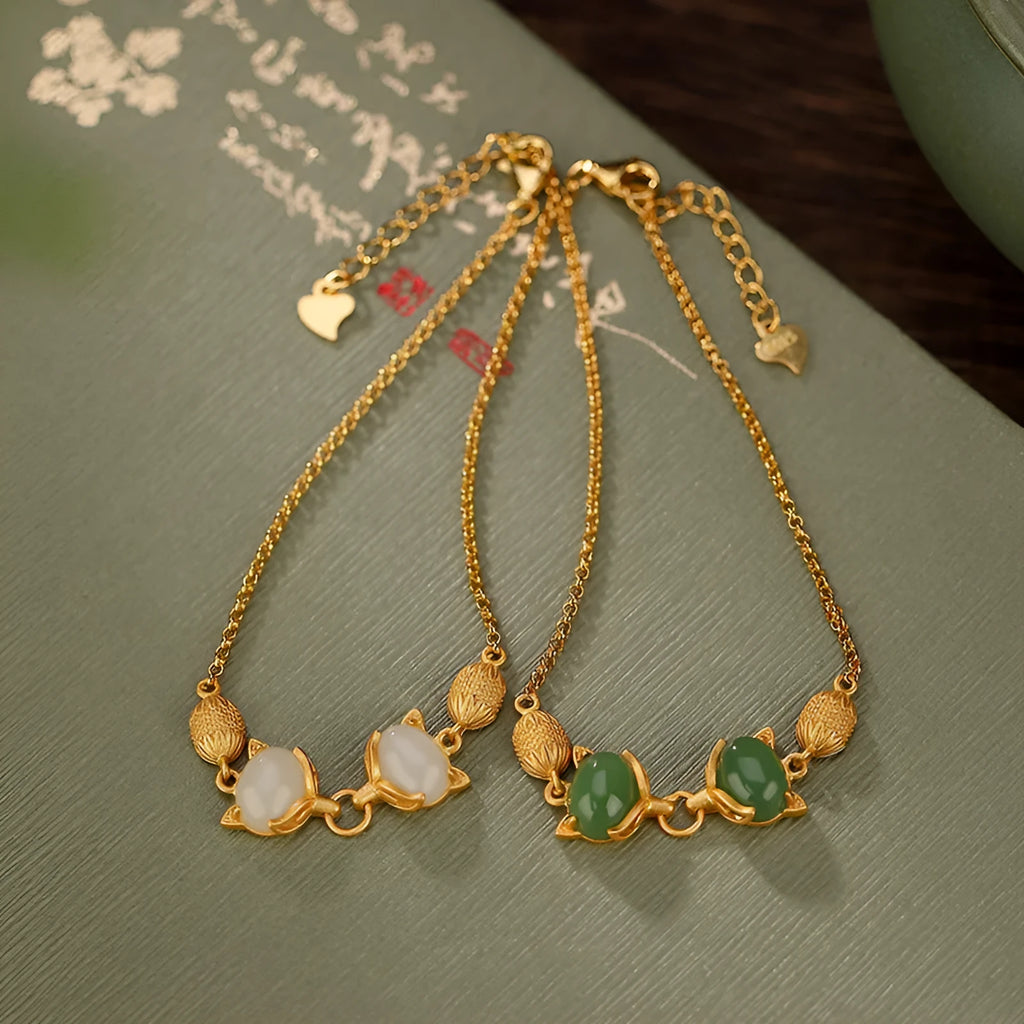 Women's silver bracelet with fox charm pendant in jade or jasper colour options