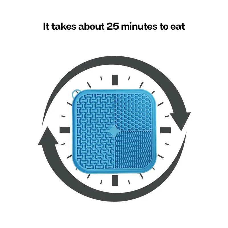 Blue silicone dog licking mat with suction cups on back, textured surface for slow feeding.