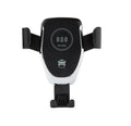 Black car wireless phone charger mounted on air vent, holding an iPhone with automatic clamping arms.