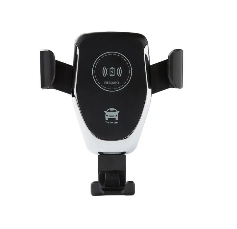 Black car wireless phone charger mounted on air vent, holding an iPhone with automatic clamping arms.