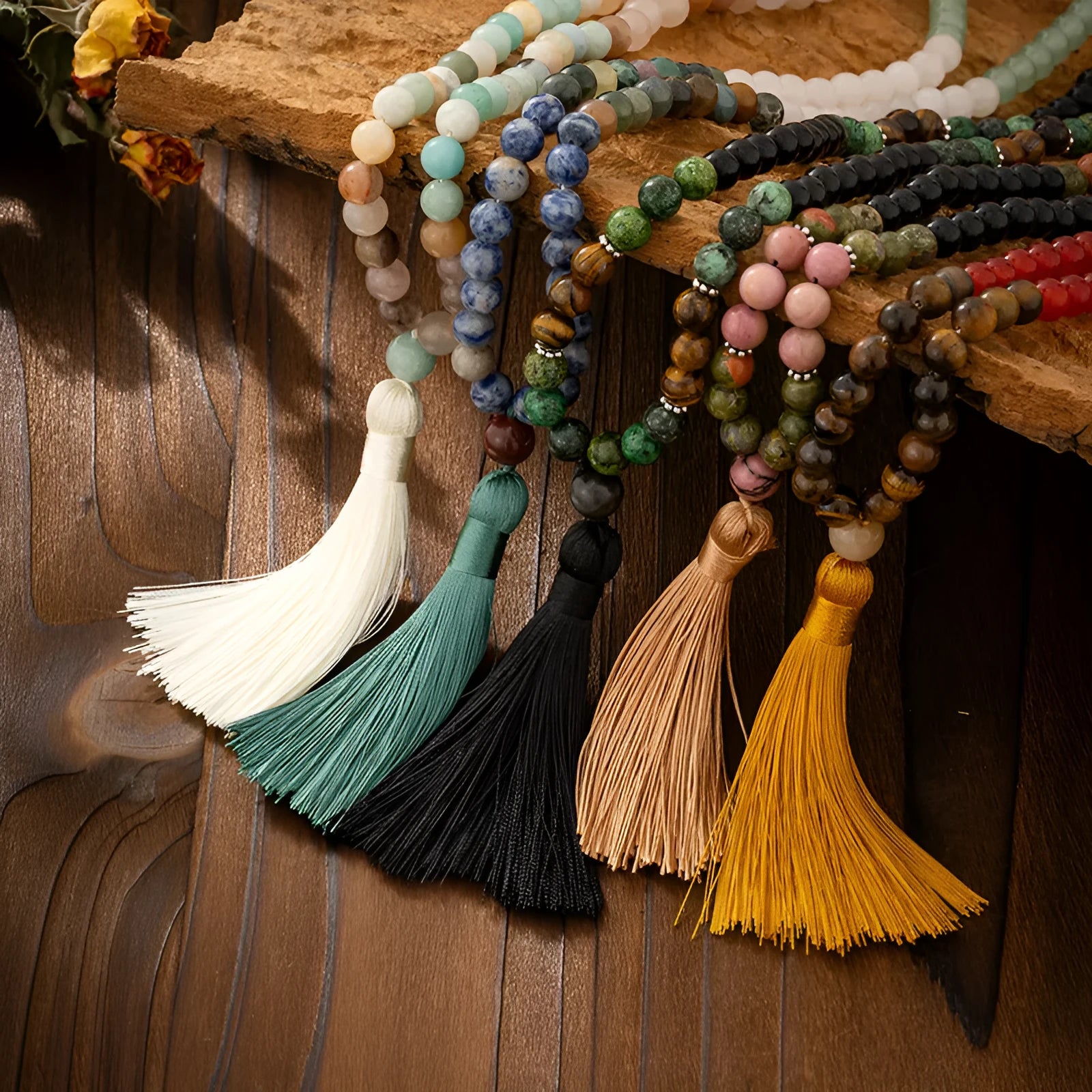 Vintage bohemian long beaded necklace and matching bracelet set with geometric round stones.