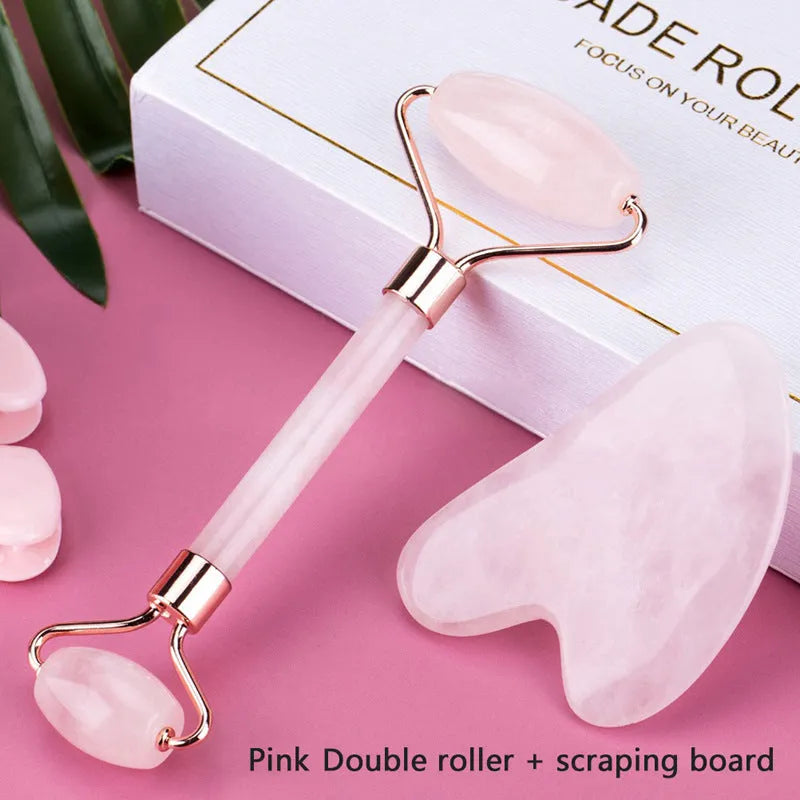 Two-piece resin gua sha roller set for face massage in black, pink, and green jade handle options