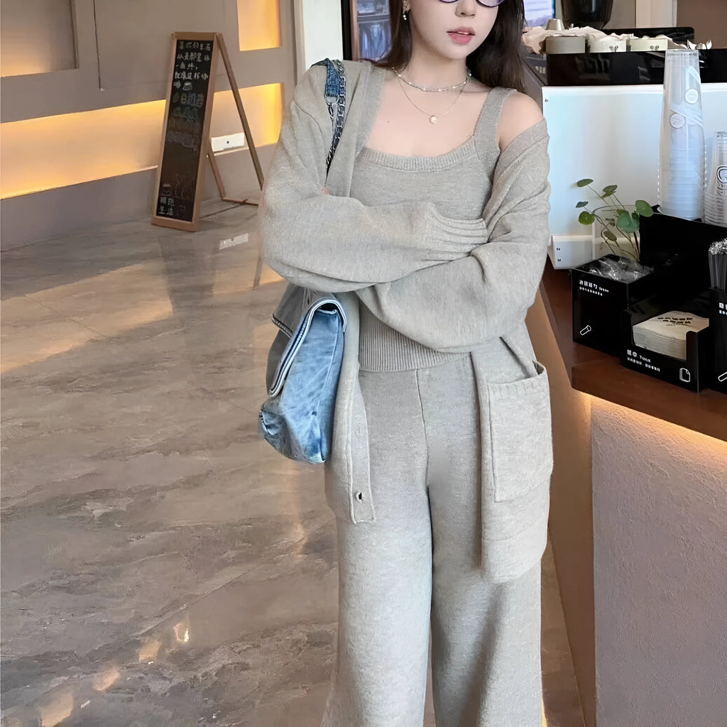Women's knit cardigan vest suspender pants three-piece set in light coffee colour