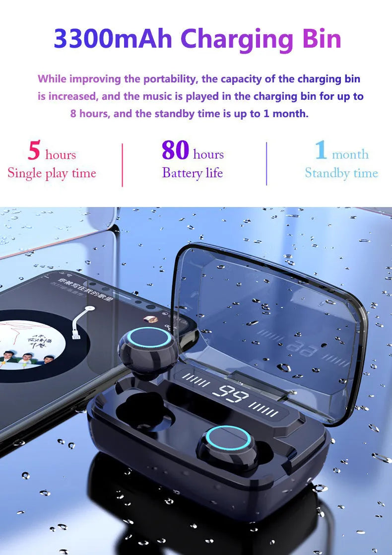 Black wireless Bluetooth headset with charging case showing digital power display and integrated mobile phone holder.
