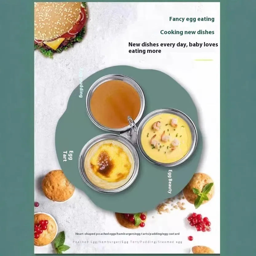 Stainless steel heart-shaped egg steamer with round mould option for compact breakfast preparation