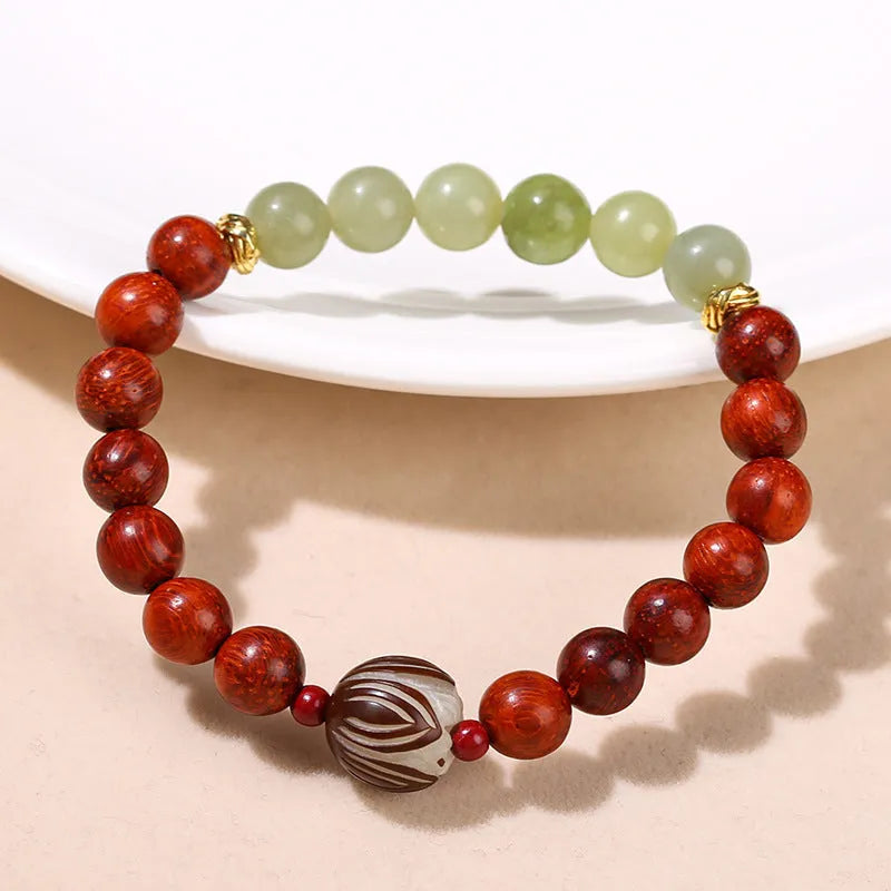 Chinese style red rosewood and gray jade bracelet with Bodhi Lotus design and 8 round beads.