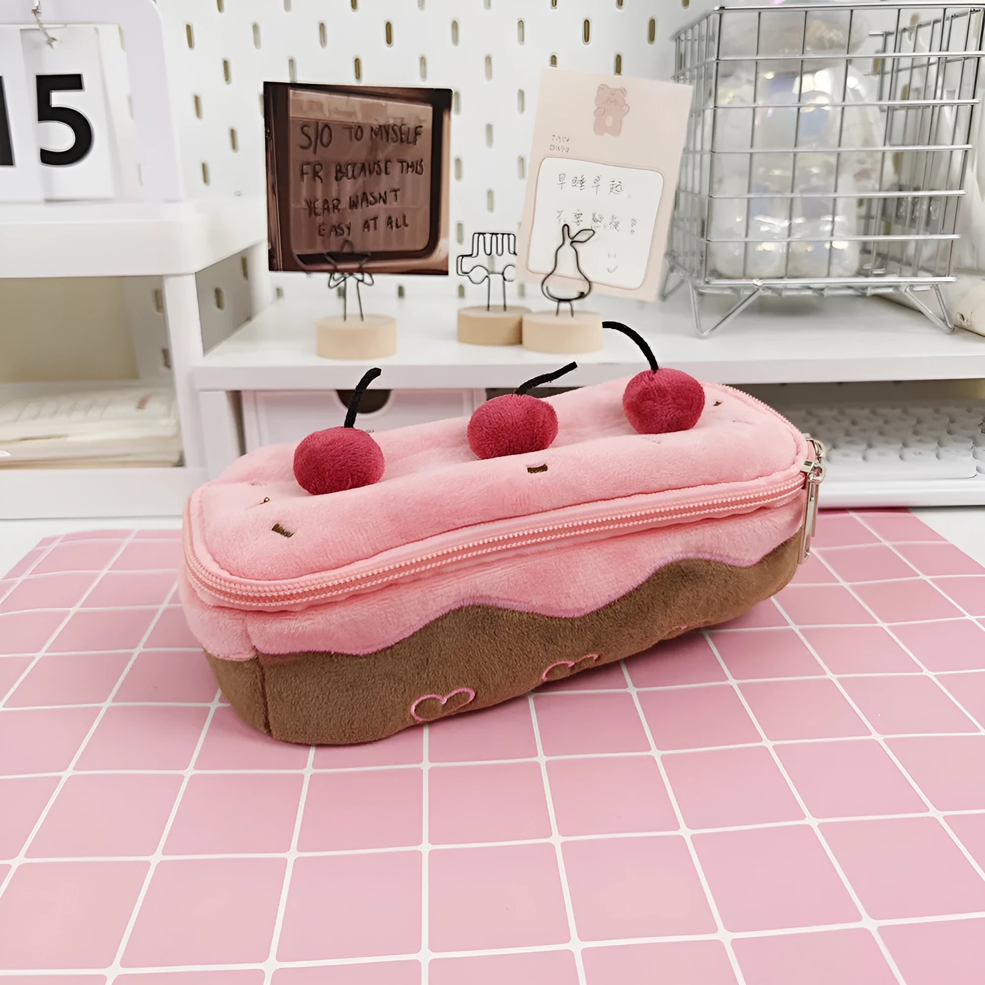 Cherry Cake coloured velvet plush pencil bag in a Korean style.