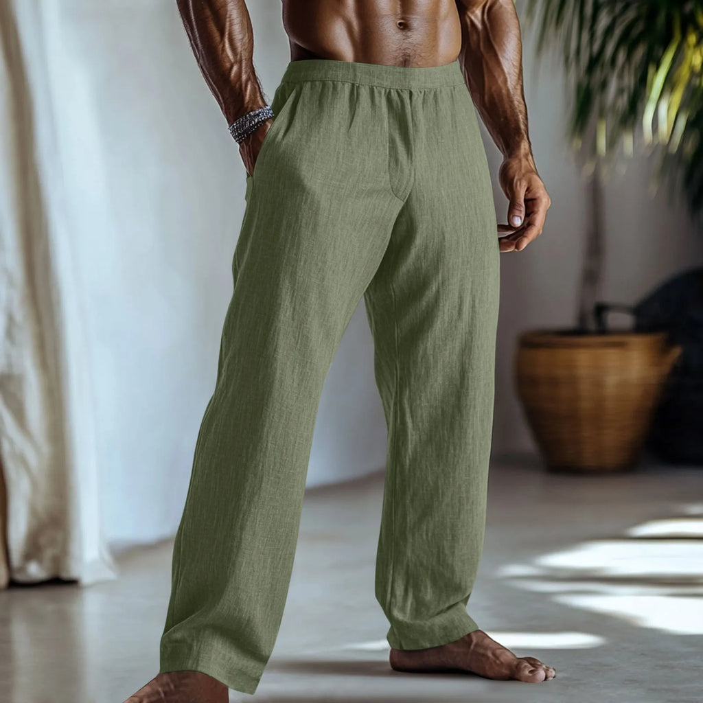 Cotton and linen straight-leg casual trousers in light green colour with pockets