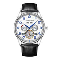Men's stainless steel mechanical watch with hollow dial and leather strap.