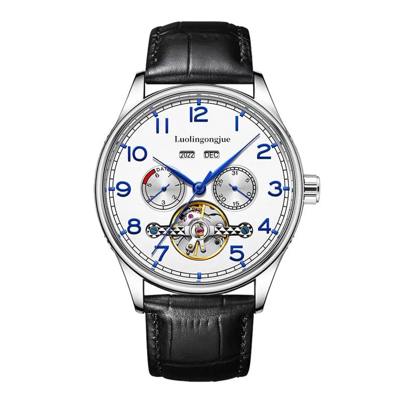 Men's stainless steel mechanical watch with hollow dial and leather strap.