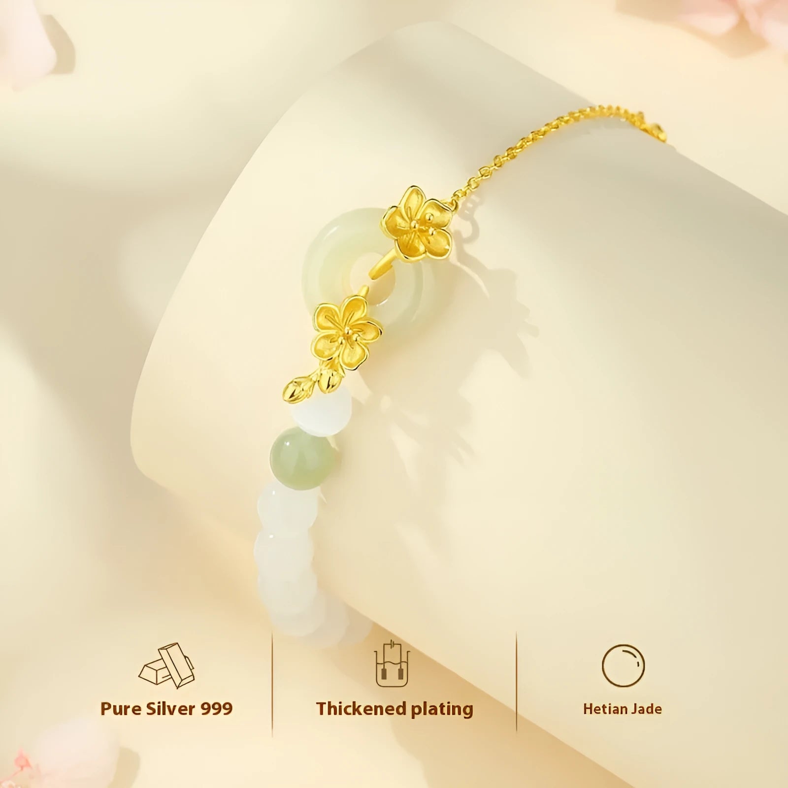 Silver peach blossom charm bracelet with peace buckle closure in New Chinese style