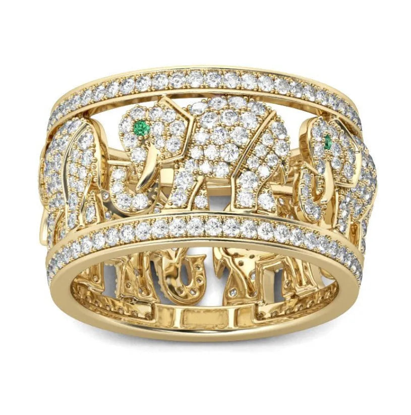 Alloy elephant ring with full diamond design showing detailed elephant motif and textured surface