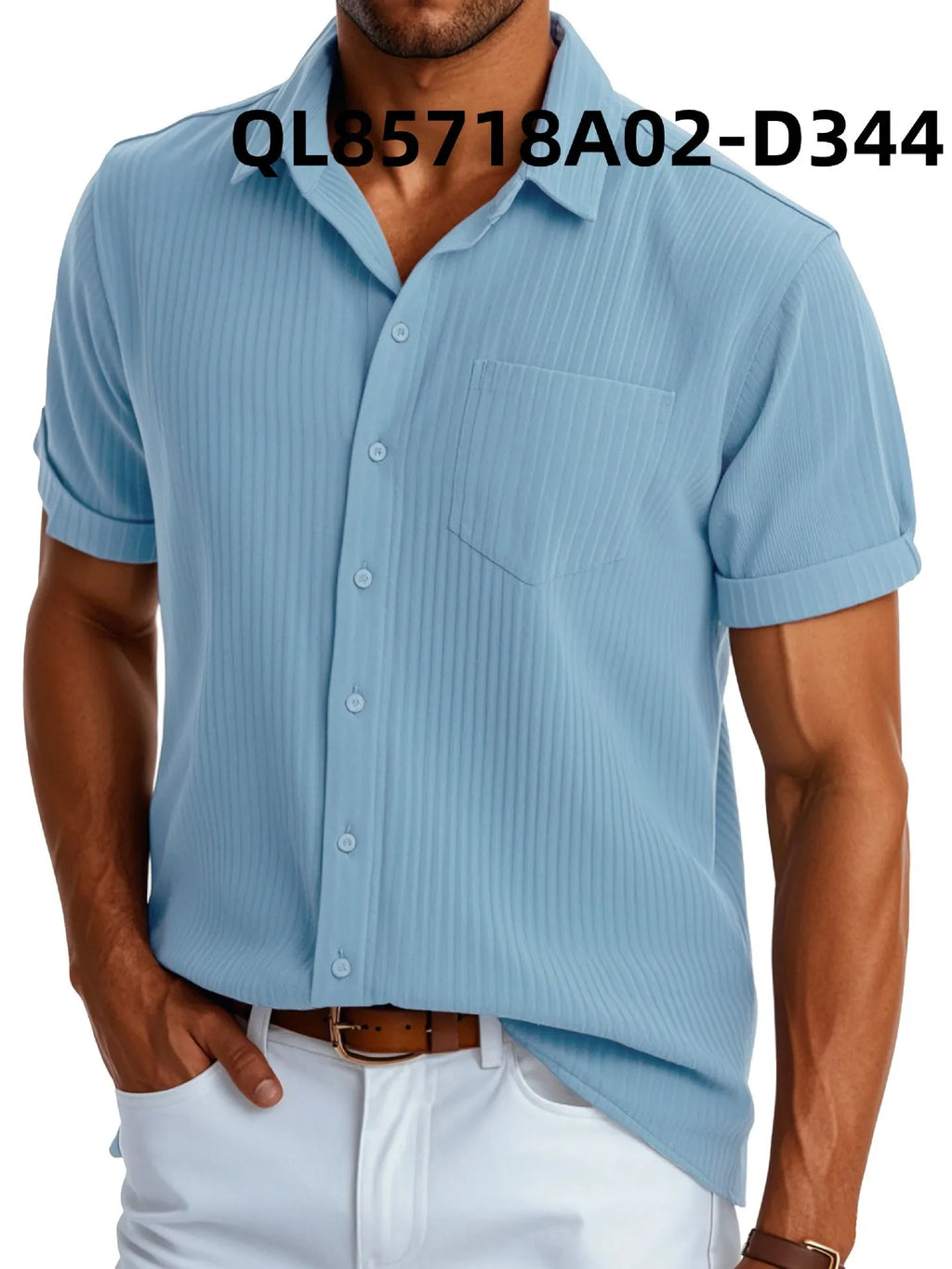 Men's loose fit short sleeve lapel shirt in printed polyester, shown in black line and white line colour options.