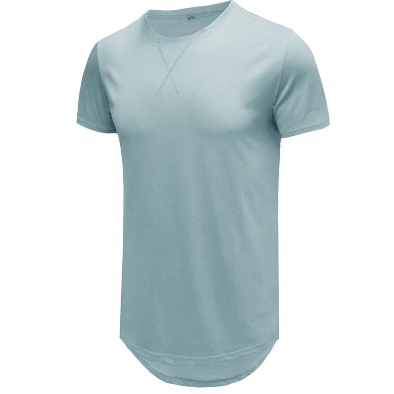 Men's slim fit cotton short-sleeved t-shirt on a hanger, shown in army green colour.