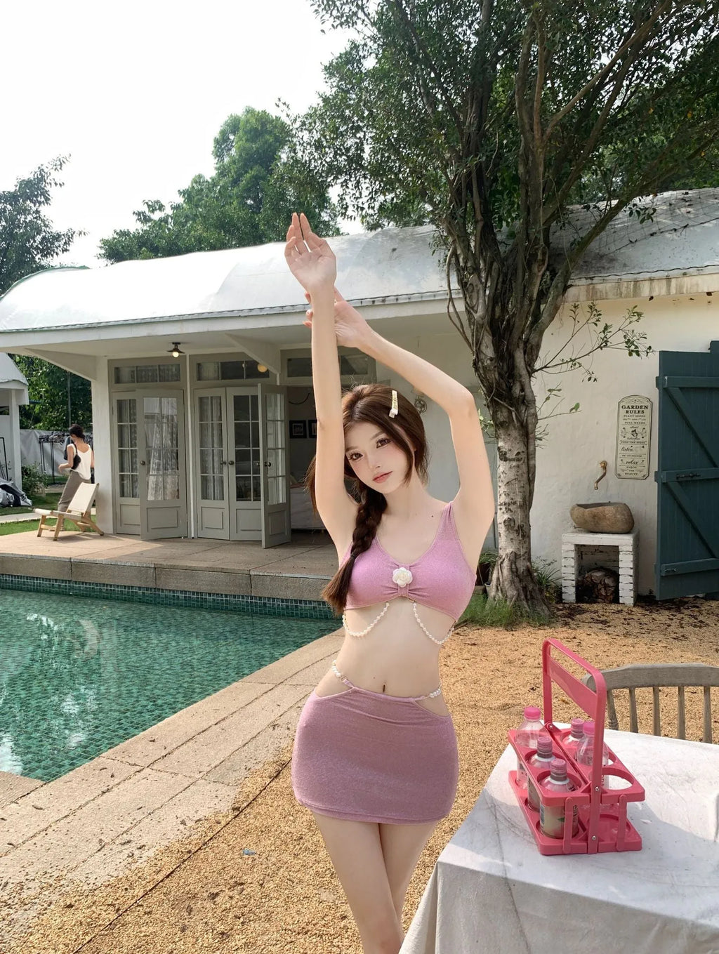 Bear Vacation three-piece bikini swimwear set in pink or black colour with high elasticity polyester fabric