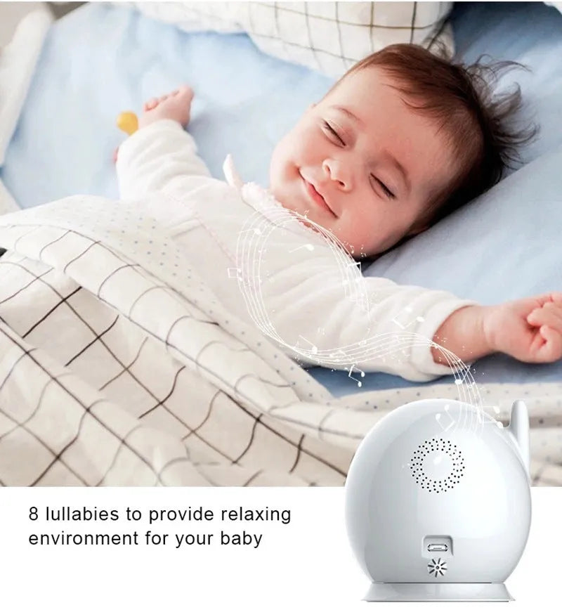 Baby monitor with 4.3-inch LCD screen showing baby in cot, night vision mode, camera with 120-degree rotation