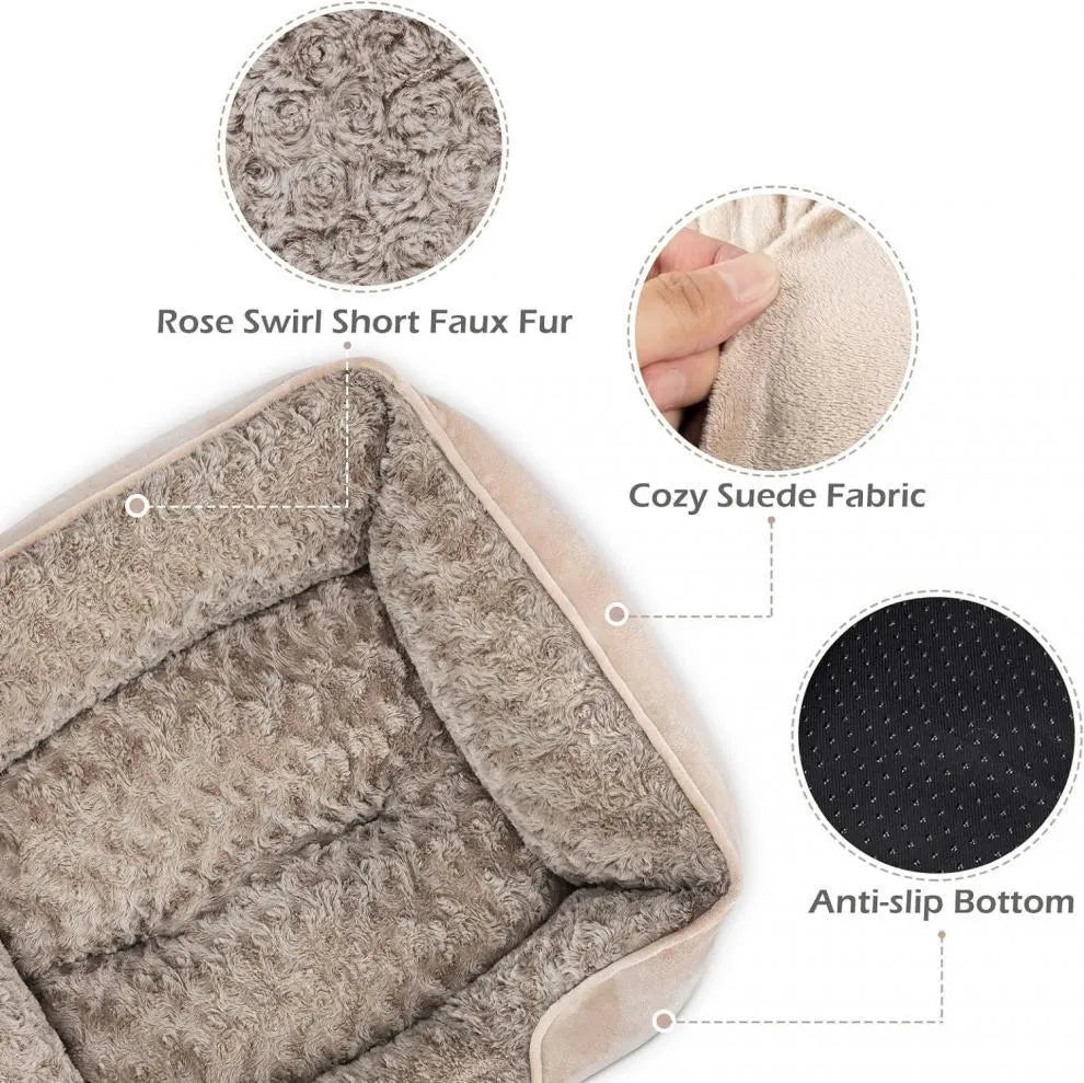 Golden Retriever stuffed enclosed pet kennel dog bed in beige, showing raised bolster edges and nest design.