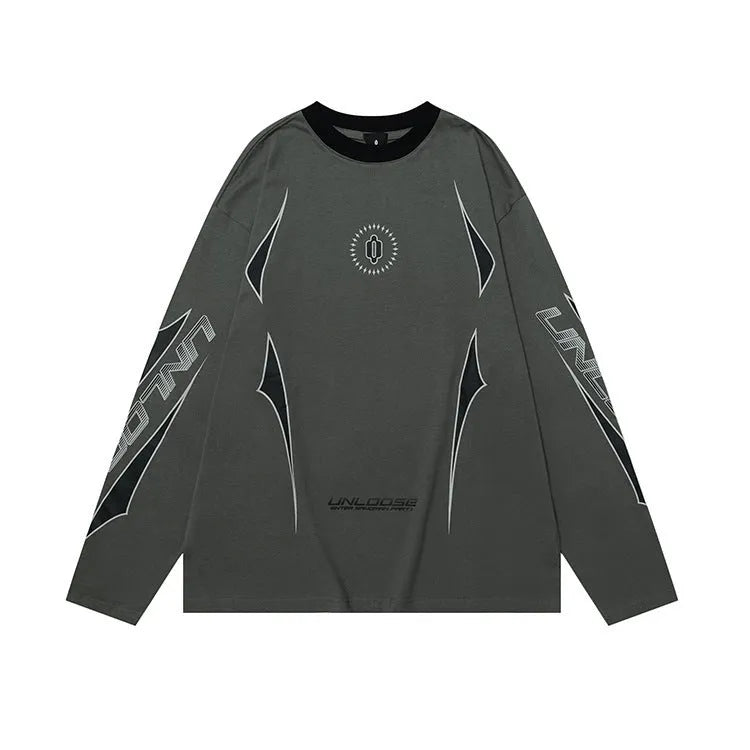Cotton pullover jumper with drop shoulder sleeves and letter pattern in dark gray blue
