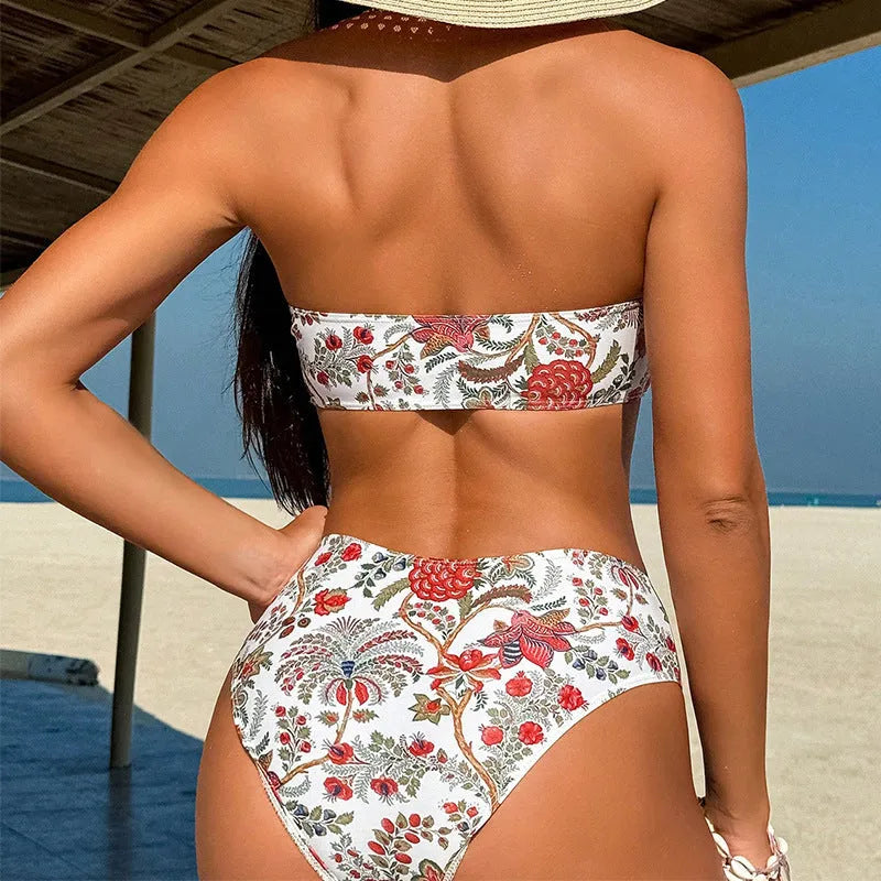 Women's printed bandeau triangle bikini top and matching shorts swimsuit set.