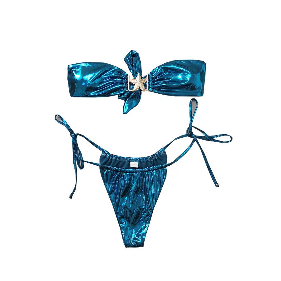 Women's tube top split bikini set in glossy fabric showing sapphire blue and pink colour options