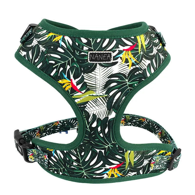 Six-piece adjustable cloth dog harness set with vest, rope, collar, waste bag, bow, and scarf in S, M, L sizes.