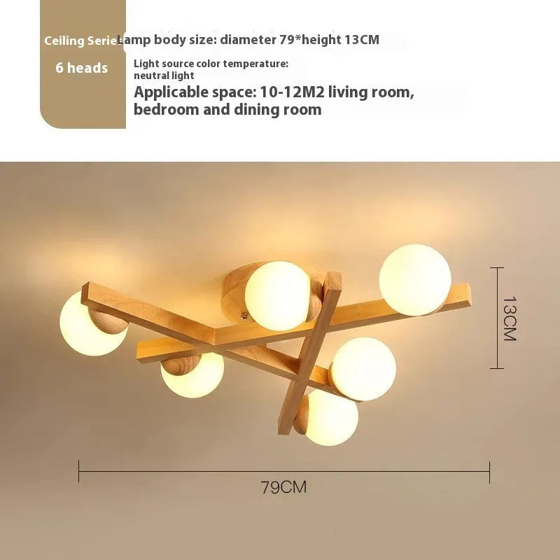 Wooden style modern ceiling lamp with three light heads for living room