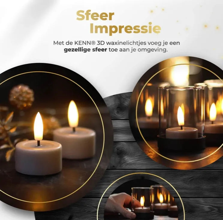 Taupe S10 LED tealight candles showing 3D flame effect and 4.1cm diameter measurement