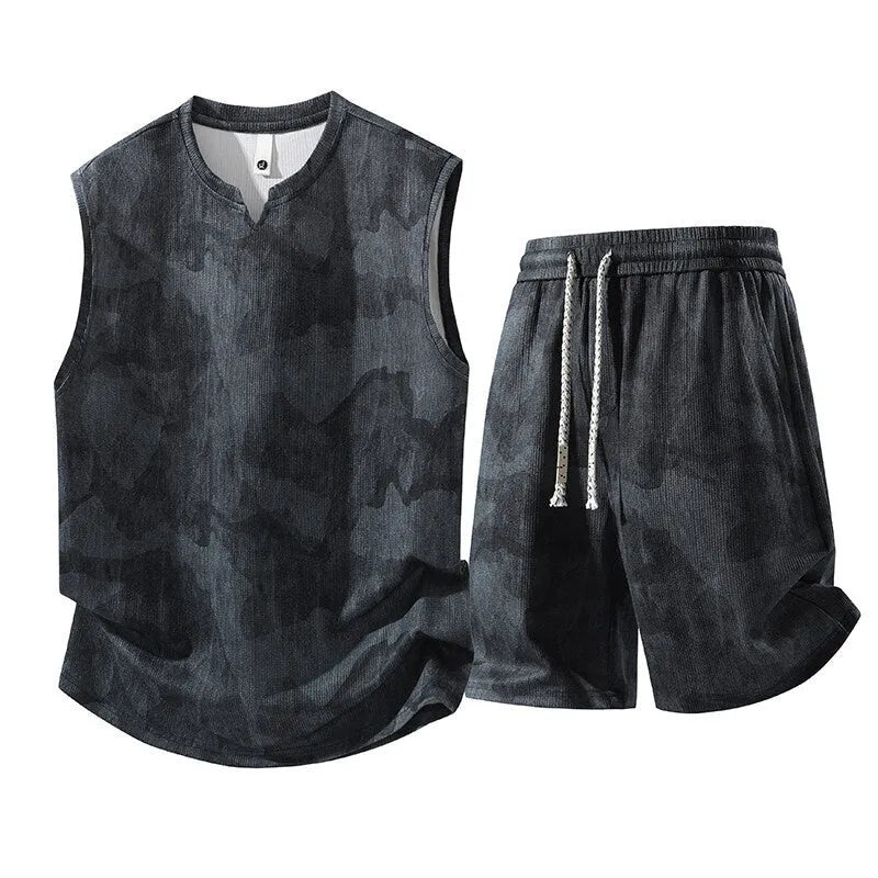 Sleeveless vest and shorts two-piece suit for larger sizes in quick-drying hemp-blend fabric