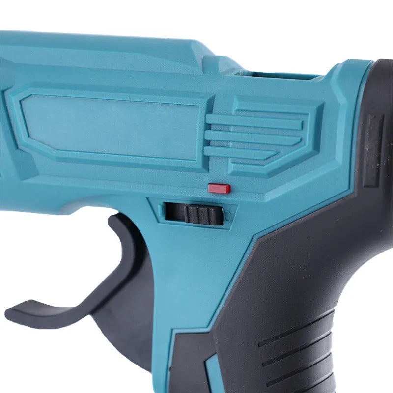 21V rechargeable lithium hot melt glue gun with bare metal finish and 11mm glue sticks