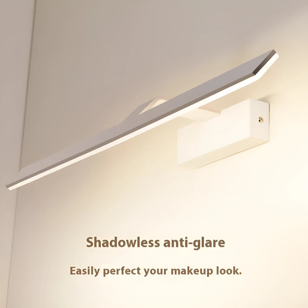White rectangular LED bathroom mirror headlight showing three colour lighting options.