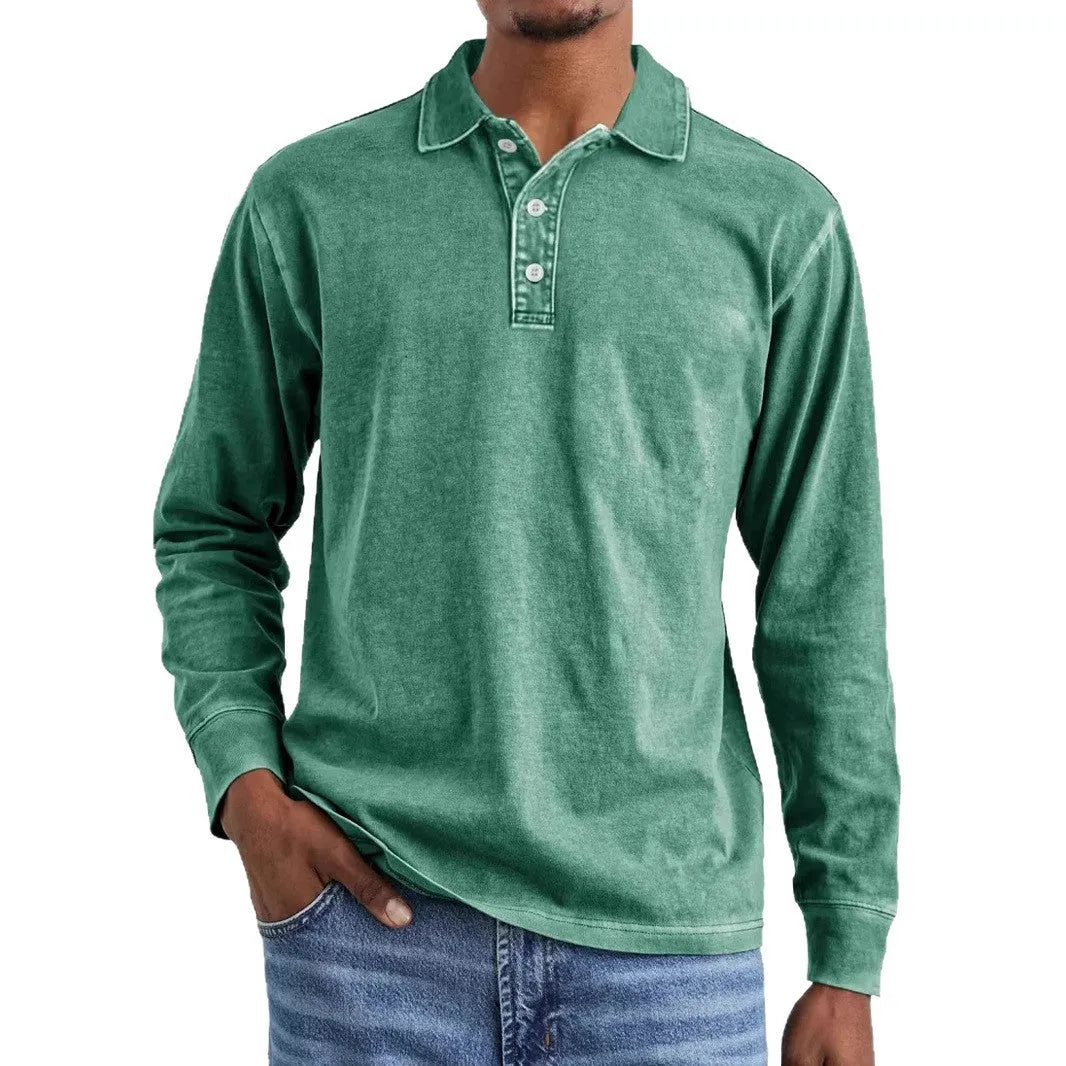 Man wearing a retro washed army green long sleeve polo shirt with a lapel collar and distressed detailing.