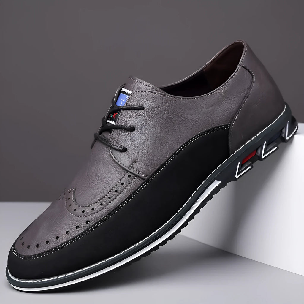 Men's leather casual shoes with rubber sole in black, grey, khaki and orange colours