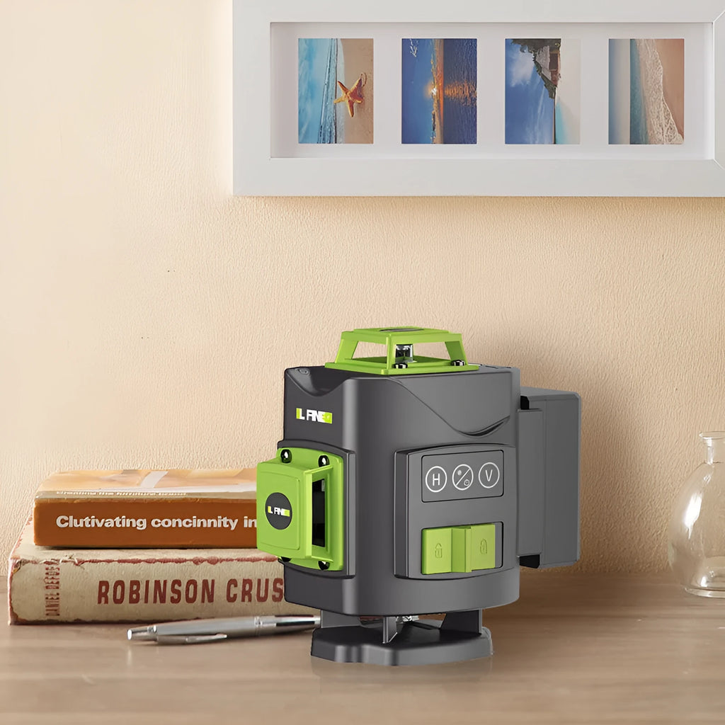 Green 16-line laser level tool with nylon and aluminium housing on a work surface.
