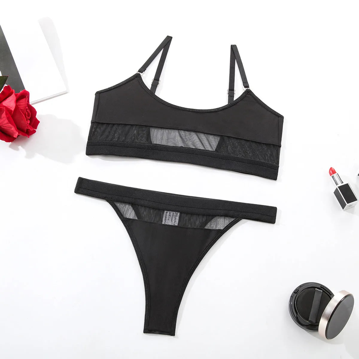 Women's black bra and panty set with full cup coverage and fixed double shoulder straps