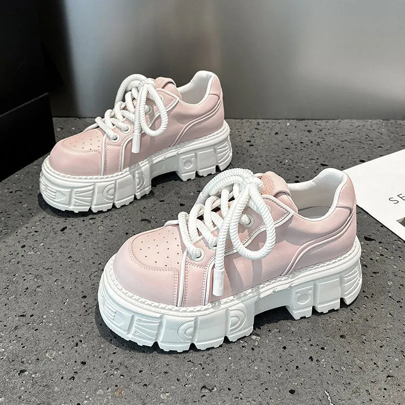 Beige and pink women's casual leather shoes with a spring muffin bottom design.